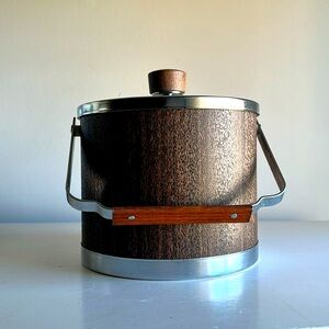 Vintage ATAPCO Stainless Steel Mid Century Style Wood Grain Veneer Ice Bucket